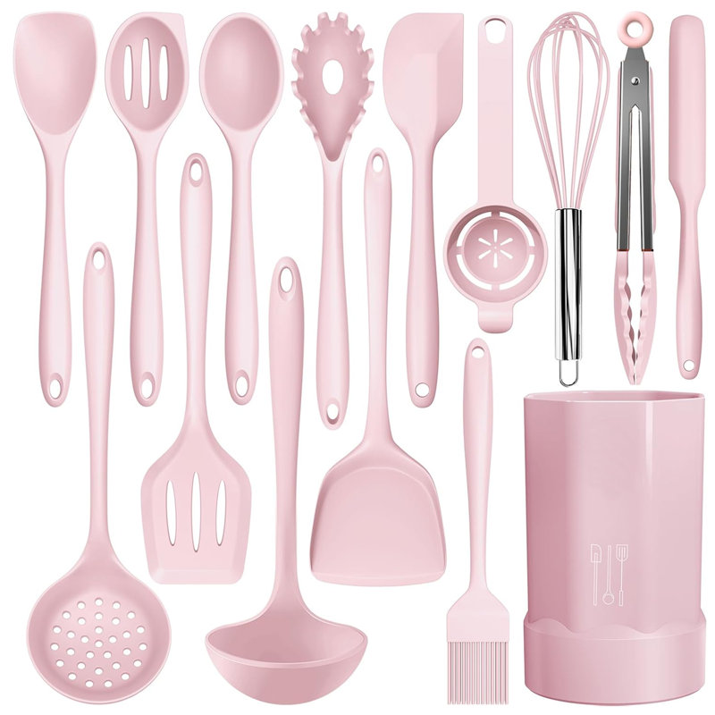 15 Pcs Silicone Cooking Utensil Set, Kitchen Utensils Set,  Pink