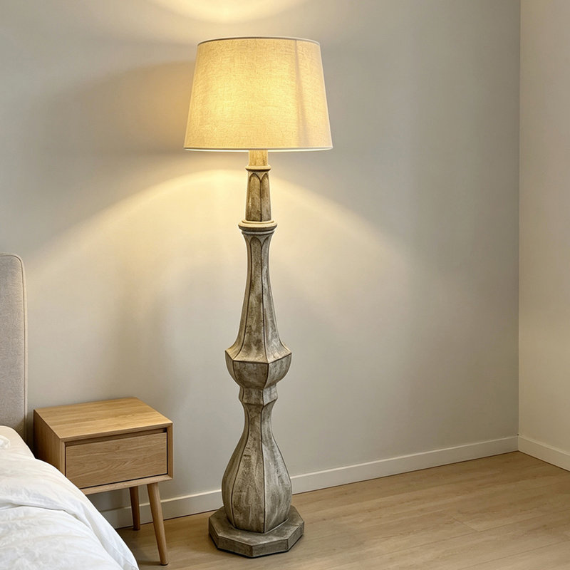 Beige-blanc + lin brun + lampes sur pied de forme libre en bois massif