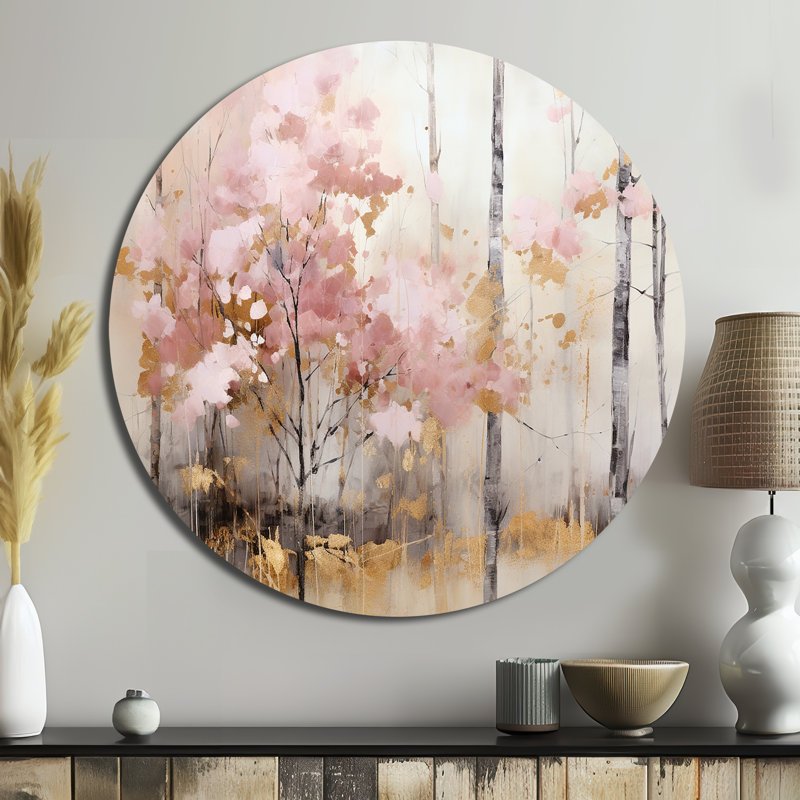 Art mural rond en métal Minimalisme rose et or, H 16 po x l 16 po