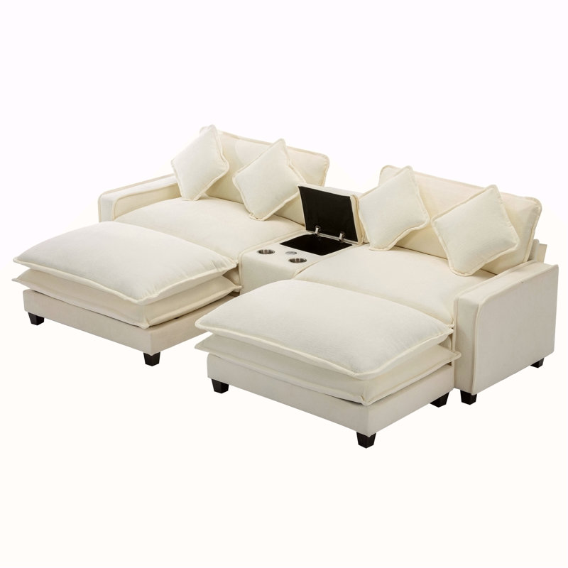 Canapé modulaire en chenille de 111 po avec deux repose-pieds amovibles, deux ports USB, deux porte-gobelets et une grande boîte de rangement pour le salon