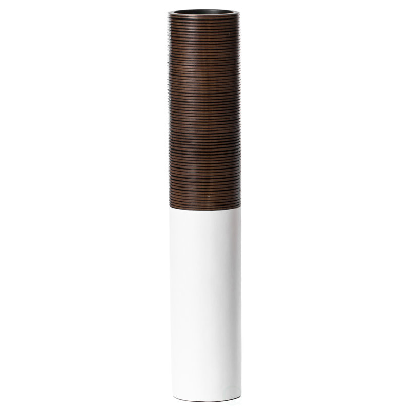 Modern Tall Decorative White and Brown Ribbed Cylinder Floor Vase, 25" H x 4.75" W x 4.75" D