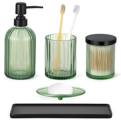 Bathroom Accessories Set, 5 Pcs Clear Glass Bathroom Accessory Sets Complete With Soap Dispenser, Toothbrush Holder, Cotton Swabs Holder, Soap Dish, Ceramic Tray, Countertop Vanity Organizer