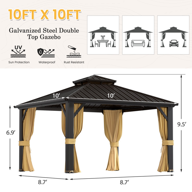 10 Ft. W x 10 Ft. D Hardtop Gazebo, Galvanized Steel Double Roof with Aluminum Frame, Outdoor Gazebo with Curtains and Nettings for Patio, Backyard and Deck