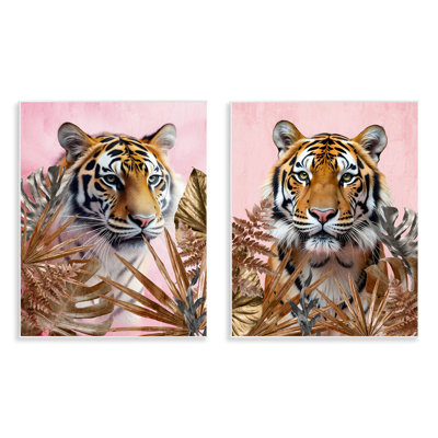 Plaque murale Tigers féroces et feuilles d'or, design par Kim Allen