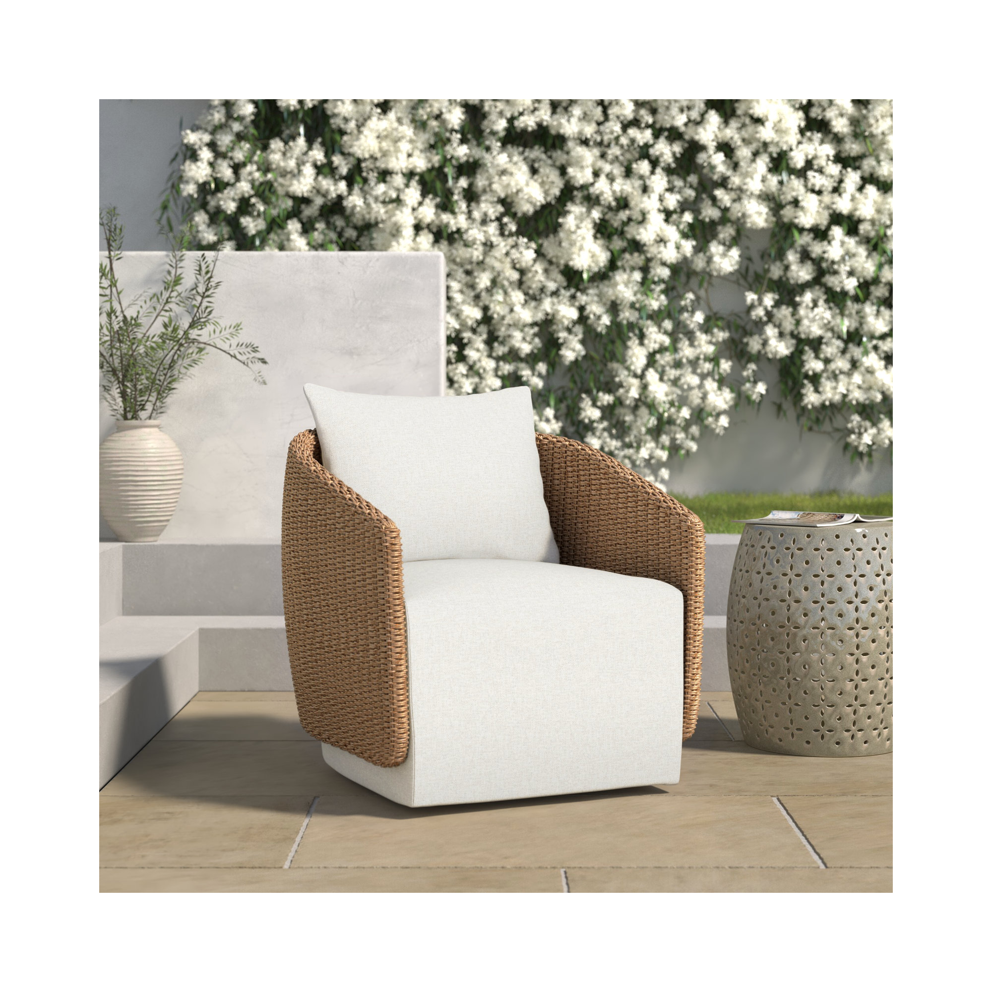 Odyn Swivel Wicker Outdoor Lounge Chair, Alessi Linen, Faux Dark Hyacinth