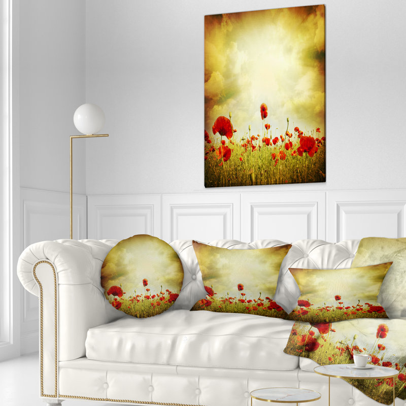 Coquelicots rouges sur fond grunge - Coussin décoratif imprimé floral