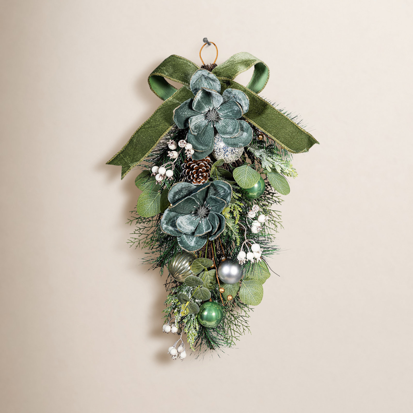 Pine Branches with Ornaments & Flowers Artificial Swag, 25"H