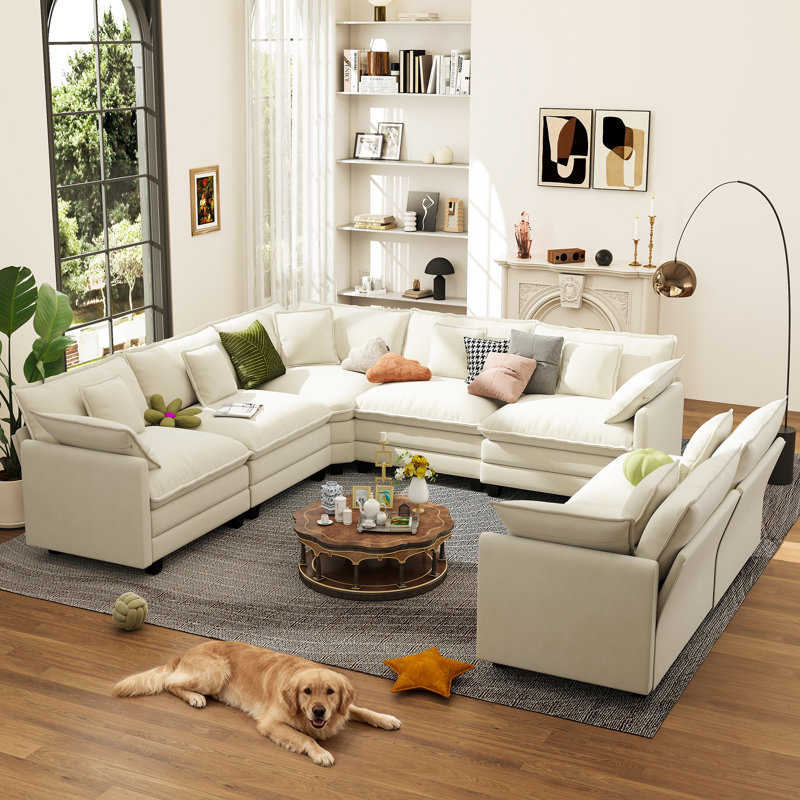 George 111.5" Modern 5 Seat Chenille L Shaped Modular Sectional Sofa, Beige