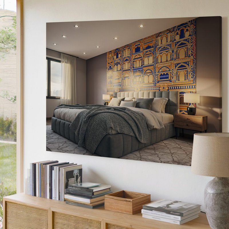 Toile une chambre à coucher moderne avec art mural orné d'un lit rembourré gris moelleux avec une literie de couleur neutre neutre et un art mural sur toile texturée douillette