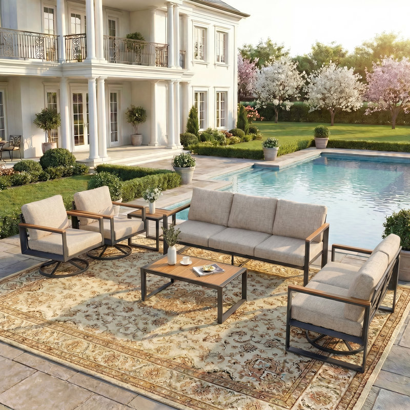 Aluminum Outdoor Patio Furniture Set 6 Pieces, 2 Swivel Rocking Chairs, 3-Seater Bench, 2-Seater Bench, Coffee Table & Side Table, Patio Sectional Conversation Furniture Set With Thick Cushions
