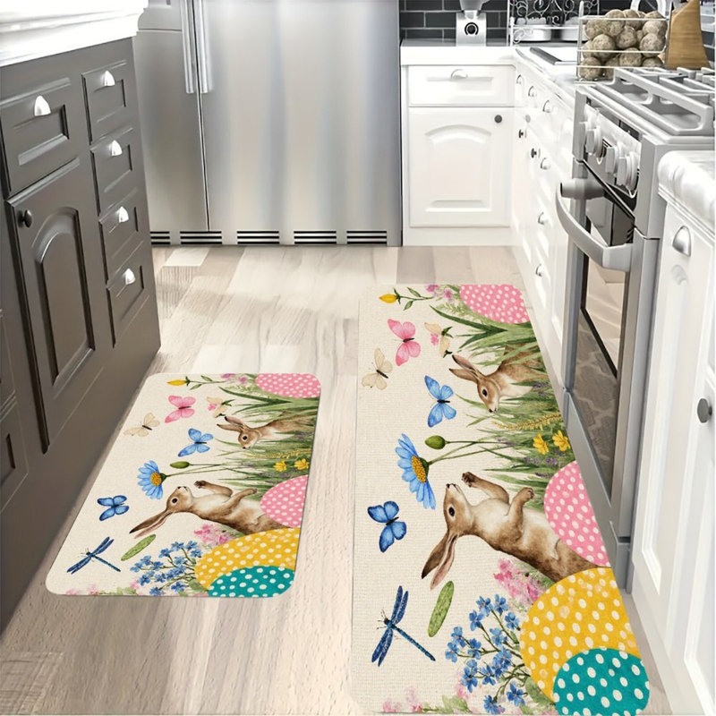 Easter Bunny Floral, 2 Pcs Non Slip Kitchen Mats, Easter Bunny Floral