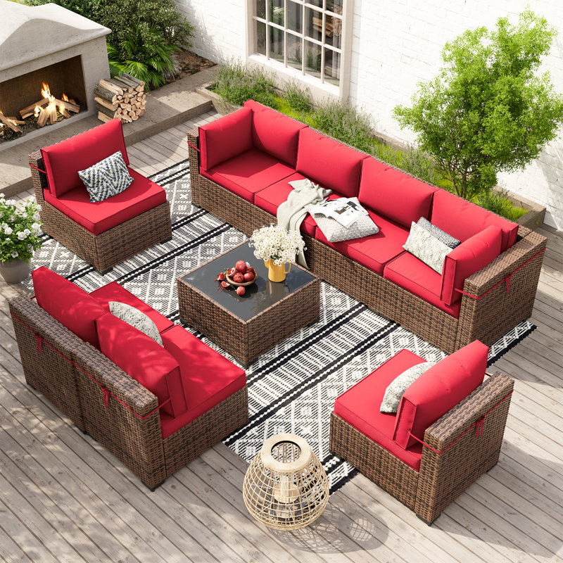 Ensemble de conversation modulaire en rotin avec table basse, Rouge