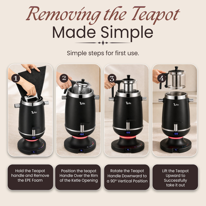 Electric Samovar Tea Maker 4L with Glass Teapot, Stainless Steel Hot Water Urn, Fast Boil 120V 1500W, Auto Shut Off & Keep Warm, Turkish Russian Tea Maker for Home & Office-Black