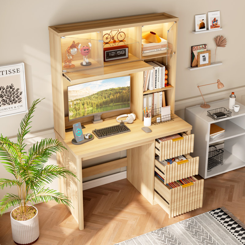 MDF Computer Desk with Built-In Electrical Outlet, Natural