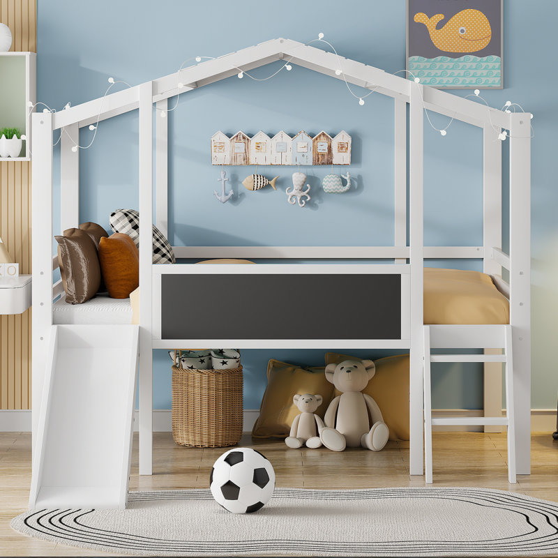 Twin Size House Loft Bed with Slide, Ladder, Blackboard & Roof Light Strip for Kids Bedroom, White