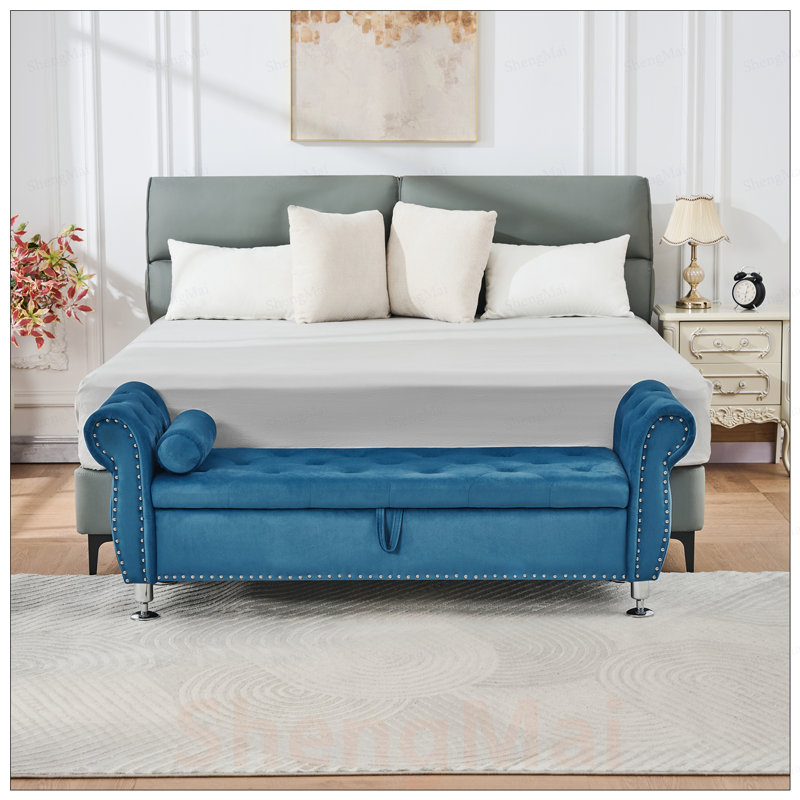 Banc de rangement en velours doux avec boutons en cristal et 1 coussin, idéal pour l'organisation de la chambre à coucher et du salon
