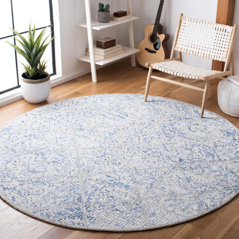 Tapis géométrique beige / bleu touffeté à la main Asensio 600, Rond 7 pi