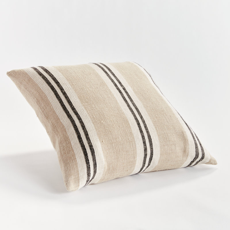Finn Linen Throw Square Pillow Cover & Insert, Square 24" x 24", Flax/Charcoal Striped 1