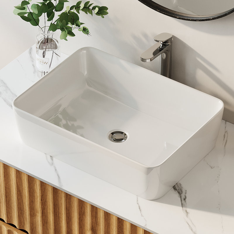 Évier vasque rectangulaire en céramique, H 5,5 po x L 18,9 po x l 14,37 po, pour trou de comptoir de 3,35 po