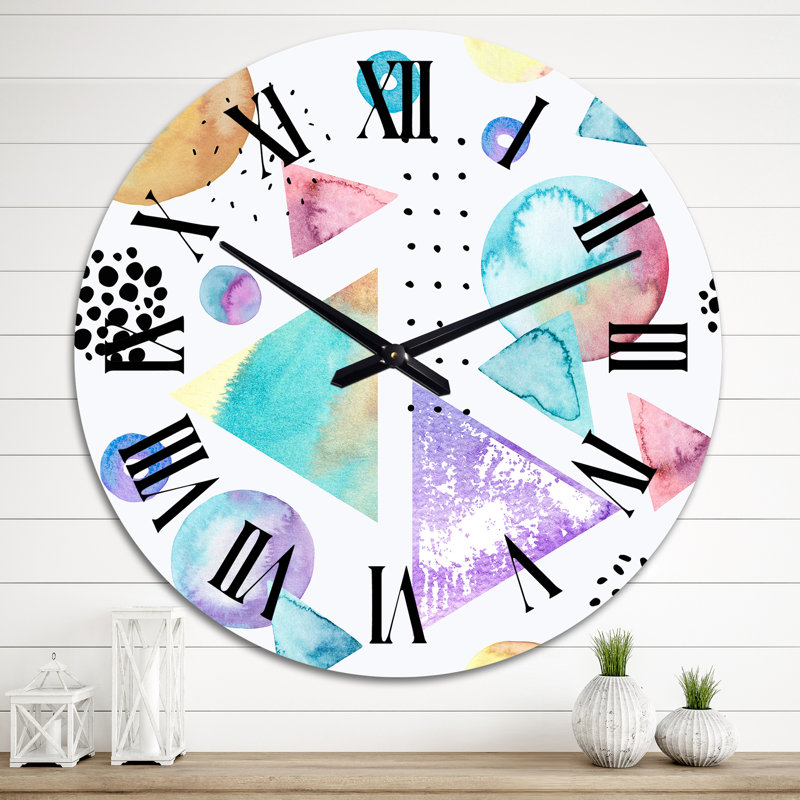 Rétro triangles cercles à pois sur fond blanc II - horloge murale à motifs, Moyen