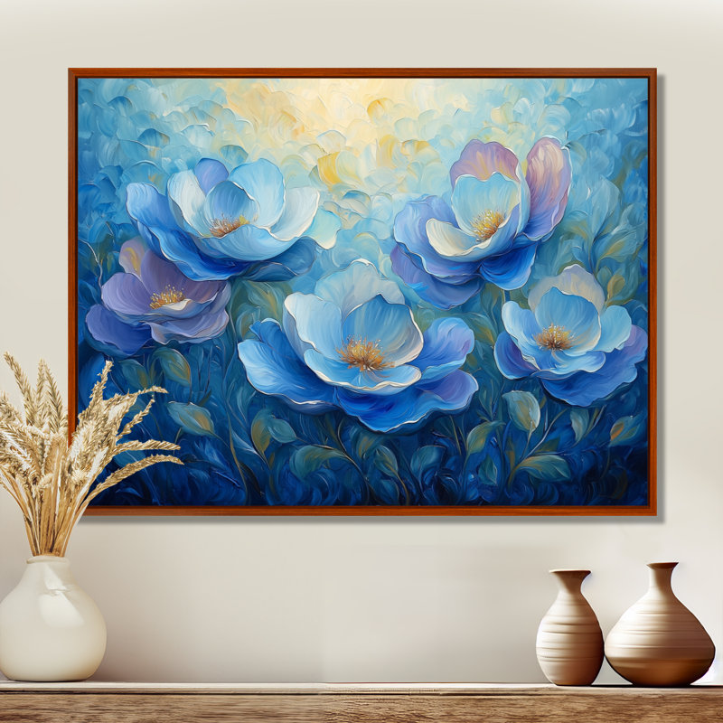 Art mural pivoines bleues en harmonie III - pivoines, H 34 po x l 44 po, Impression encadrée flottante, Brun