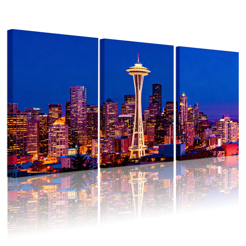 Ensemble de 3 tableaux sur toile représentant la ligne d'horizon de Seattle avec la Space Needle, H 18 po x l 36 po
