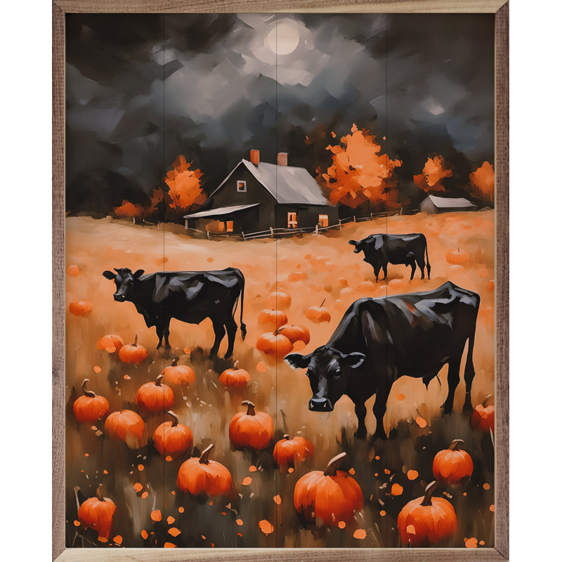 "Angus dans un champ de citrouilles" sur bois, H 10 po x l 8 po