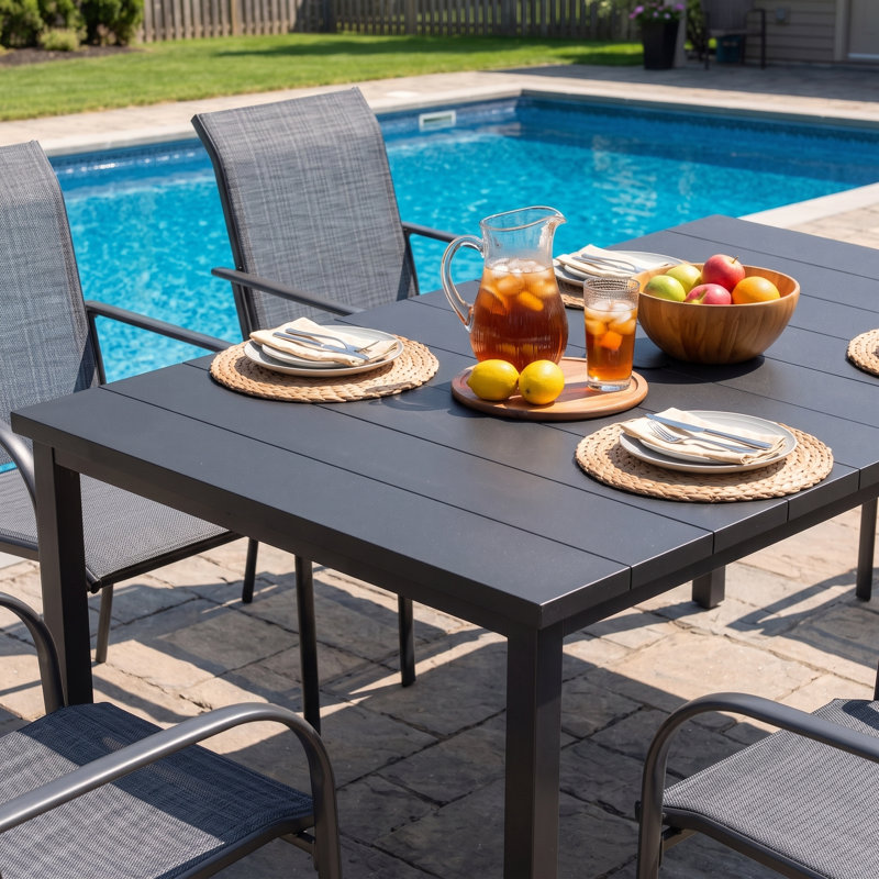 Leyre 6 - Person Patio Dining Set with Rectangular Table and 6 Stackable Dining Chairs, Black/Gray
