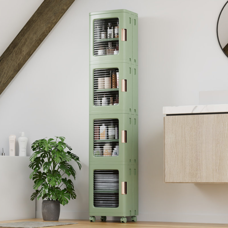 Aarn Plastic Foldable Stackable Storage Box On Wheels, Slim Bathroom Storage Cabinet With Doors And Shelves, Tall Narrow Bathroom Storage Organizer With Movable Wheels