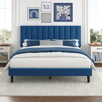 Full Size Velvet Upholstered Platform Bed Frame with Adjustable Height Headboard, Wooden Slat Support, Box Spring Not Required, Easy Assembly, Blue