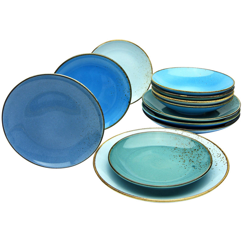 12-Piece Nature Collection Stoneware Crockery Set For 4 People, Blue/Gray