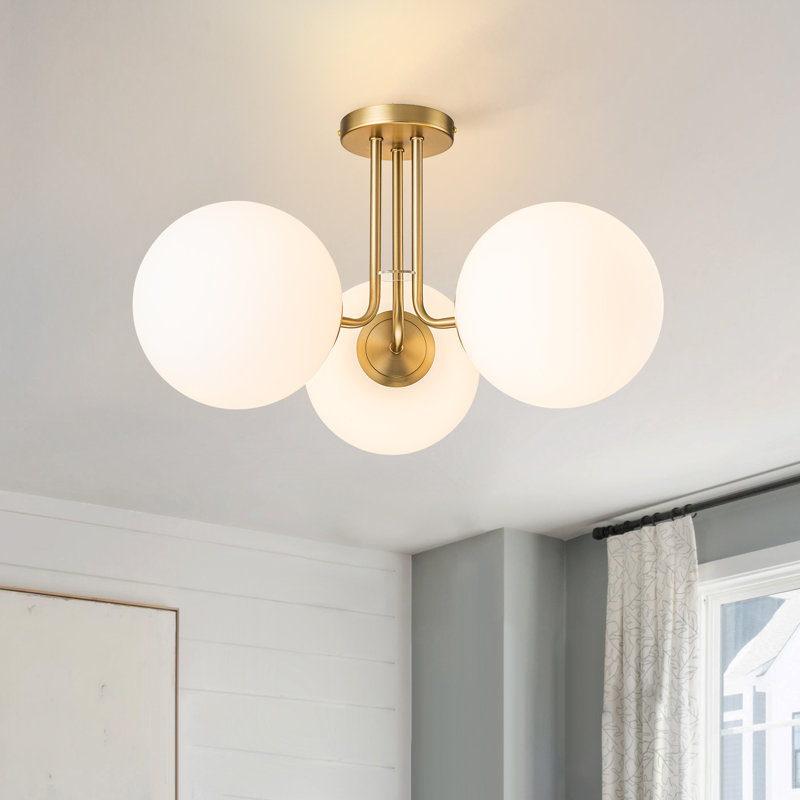 Kaynen 3-Light 22 Modern Sputnik Globe Semi Flush Mount, Gold, White
