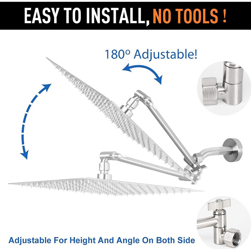 Brushed Nickel 10" Shower Head - Stainless Steel Rainfall, High , Self-cleaning, Adjustable Arm For Wall Mount, Scaling Nozzle Quality Scaling- Performance