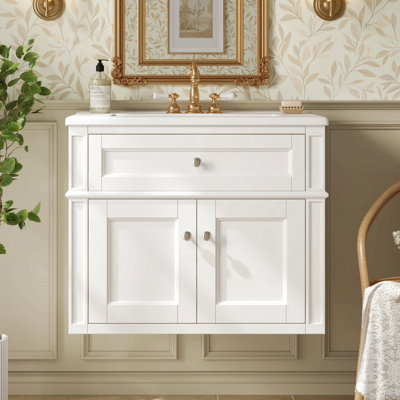 24" Wall Mounted Modern Bathroom Vanity With Tip Out Drawer & Soft-Close Hinges, Bathroom Cabinet With Back Open Structure, 2 Doors, Bathroom Vanity Cabinet With Single Ceramic Sink
