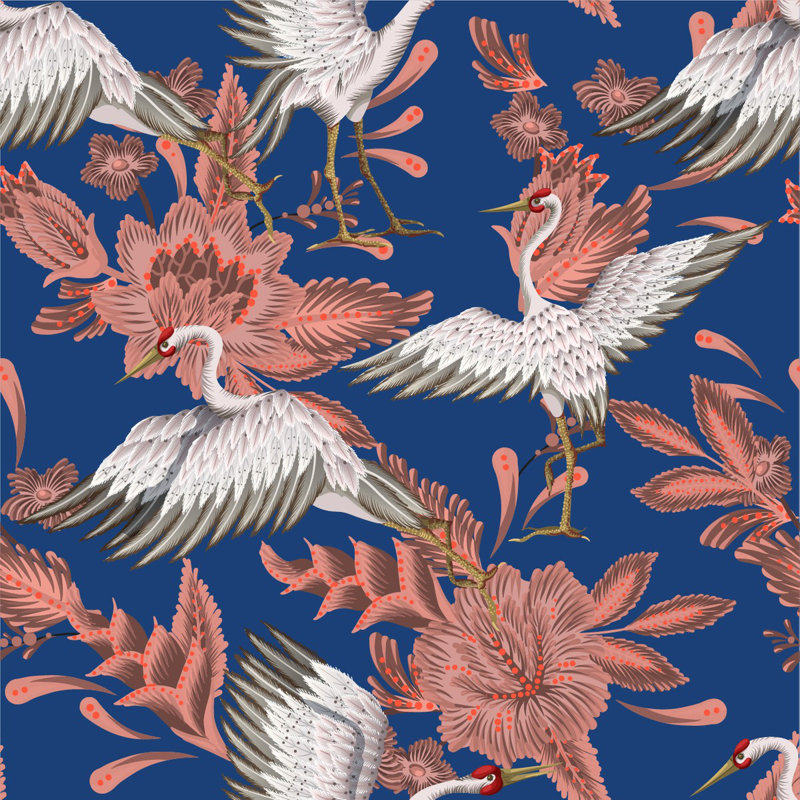 Cranes On Dark Blue Background Wallpaper Floral Tile