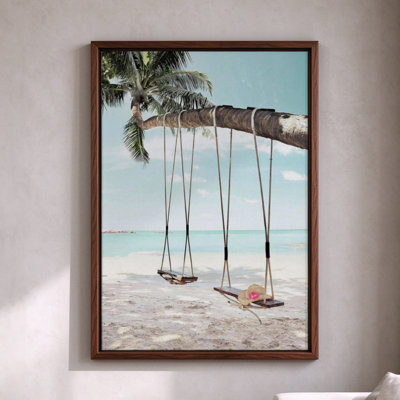 Palm Tree Beach Swing, Brown Framed Canvas Wall Art, 24" x 36", Modern Wall Decor for Living Room and Bedroom