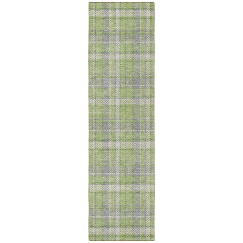 8' Runner Green and Gray Plaid Washable Non Skid Indoor Outdoor Runner Rug