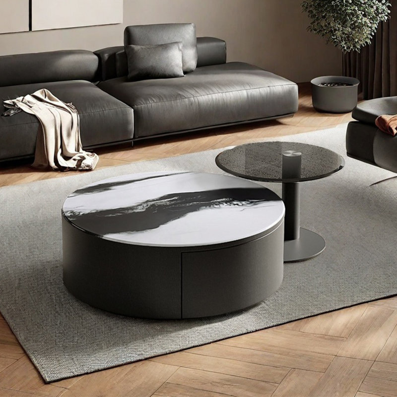 Round microcrystalline stone coffee table, 12.2" H x 27.6" L x 27.6" D