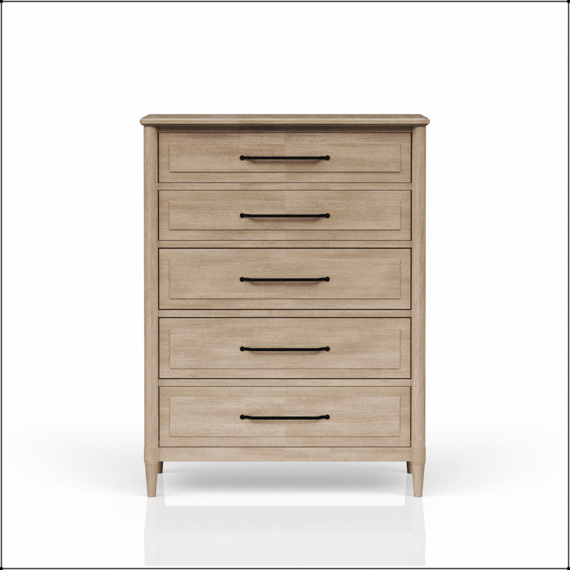 Commode à 5 tiroirs avec finition sable, dessus doublé de feutre, rangement en cèdre et quincaillerie sur mesure pour une décoration intérieure élégante