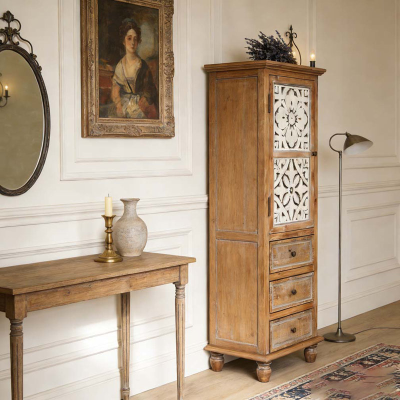 Armoire de rangement rustique en bois avec porte découpée décorative et 3 tiroirs