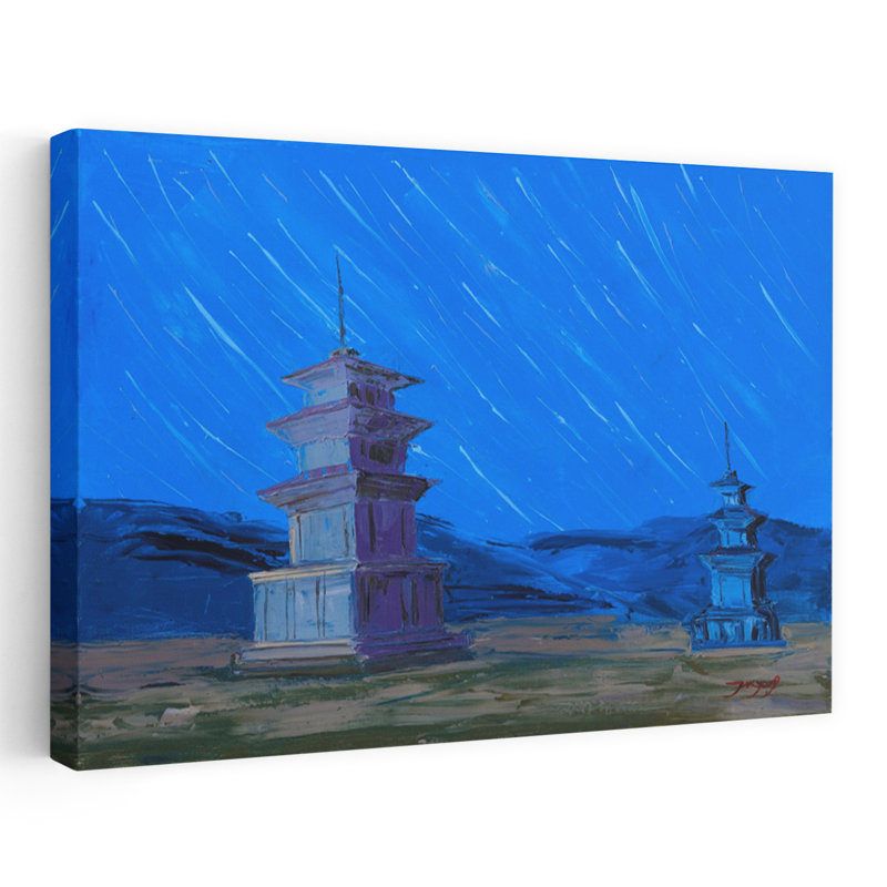 Ancienne Pagode, ciel nocturne, architecture mystique sereine, paysage dramatique, H 32 po x l 48 po