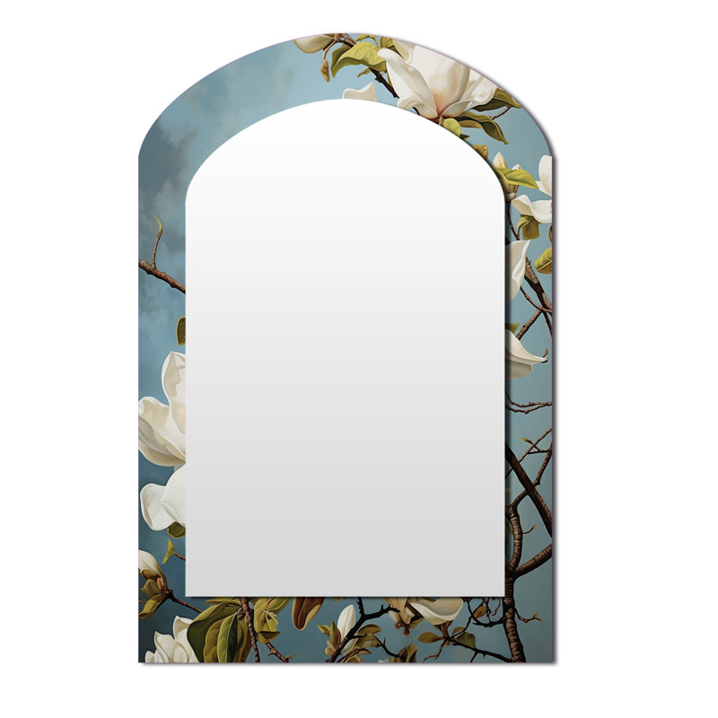 Blanc blanc jaune Magnolias Magnolia Harmony - grand miroir en arc Magnolias, décor de miroir mural asymétrique traditionnel, art en métal imprimé