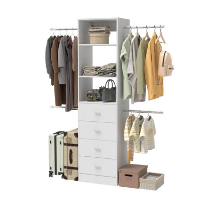 Closet Organizer Tower With 4 Drawers, Shelves And Extendable Hanging Rods, 46.86–60.86" Wide, White