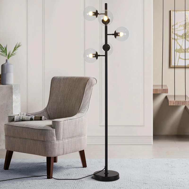 5-Light Globe Floor Lamp, Mid-Century Modern Design, Tall Standing Lamp For Living Room, Bedroom, Office, Contemporary Style With Marble Base And Foot Switch