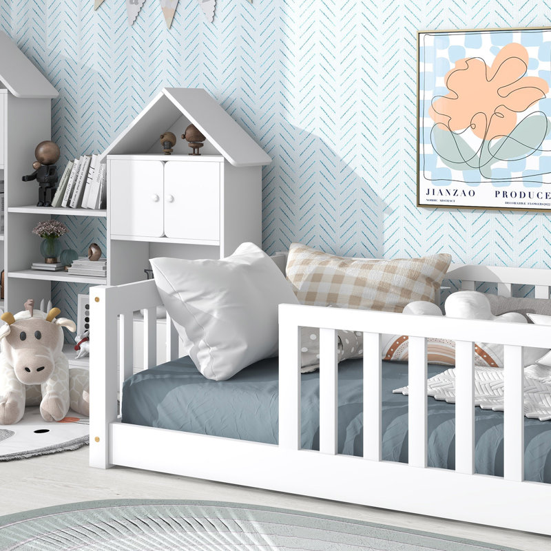 Twin Size Floor Bed with Fence without Door, Rubber Wood Floor Bed with Safety Guardrails, White