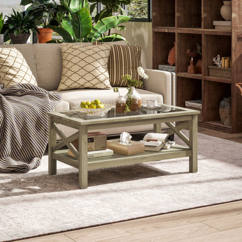 Gray Wood and Glass Coffee Table with Storage Shelf