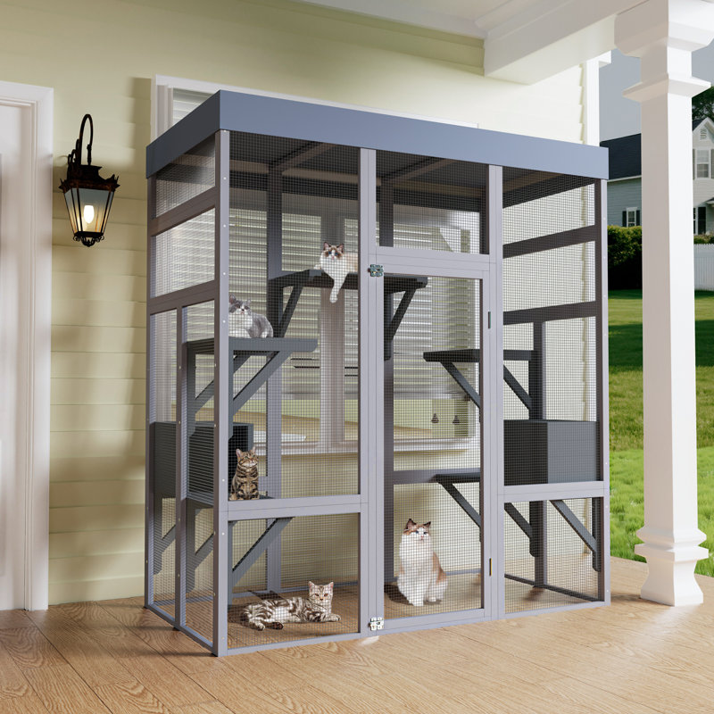 Catio d'extérieur en bois pour chats, grande enceinte pour chat avec toit imperméable, 2 maisons pour faire la sieste, plateformes et fil galvanisé - Cage pour animaux pour cour ou patio