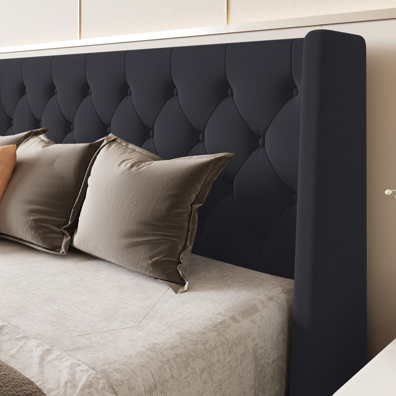 Hilbert Upholstered Low Profile Platform Bed Frame with Headboard, Queen, Black