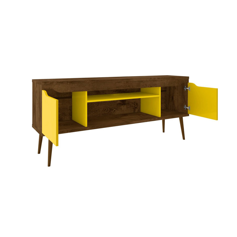 Bradley 63" Mid-Century Modern 4-Shelf TV Stand for TVs up to 60" in Rustic Brown and Yellow, Rustic Brown/Yellow