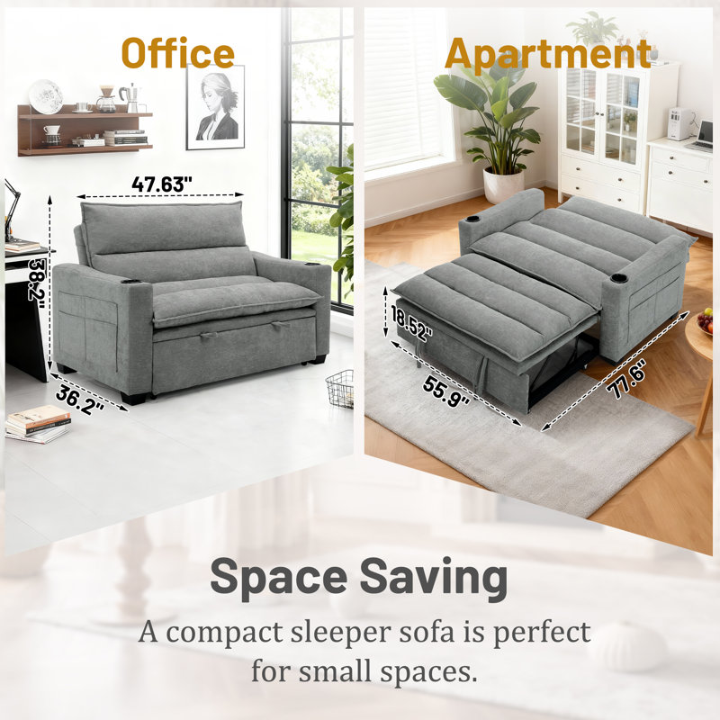 Canapé-lit, canapé-lit convertible 3 en 1, canapé-lit inclinable pour appartement et salon, porte-gobelets, Gris foncé